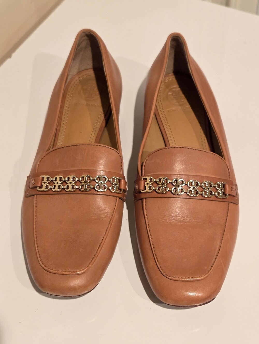 Tory Burch Gemini Link Leather Loafers Tan/light Brown Gold Hardware Size 7.5
